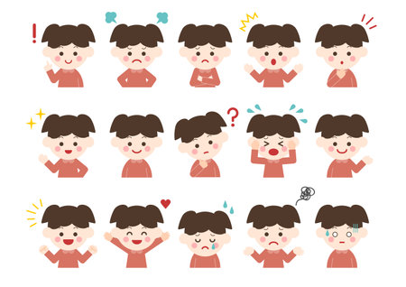 Girl in various poses and facial expressions. Vector illustration. Different emotions icon set. White background.のイラスト素材