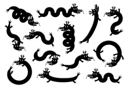 Set of black silhouettes of dragons on a white background. Vector illustrationのイラスト素材