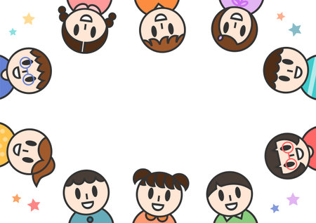 Illustration of smiling children. Cute kids frame. Blank for text space in the middle. Vector illustration.のイラスト素材