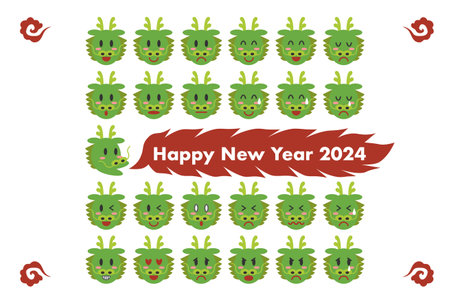 Vector illustration of 2024 New Year's card. Cute dragon faces and fire design. Various facial expressions. White background.のイラスト素材