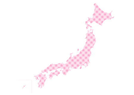 Map of Japan. Pink cherry blossom pattern on white background. Vector illustration. Simple design.のイラスト素材