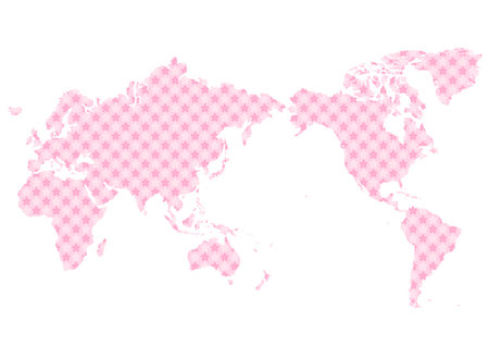 World map. Pink cherry blossom pattern on white background. Vector illustration. Simple design.のイラスト素材