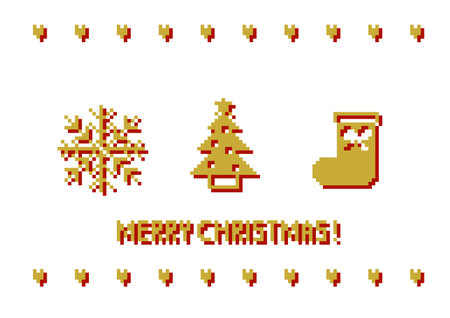 Christmas vector illustration. Pixel art design. Snow pattern, Christmas tree and socks. Heart pattern decorative border. White background.のイラスト素材