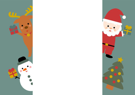 Christmas frame illustration. Santa Claus holding presents, reindeer and snowman. Vector illustration. The blank space in the middle is text space.のイラスト素材