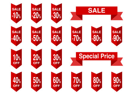 Sale or price reduction icon set. Vector illustration. Red ribbon design. White background.のイラスト素材