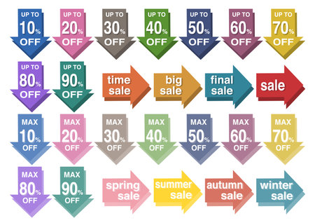 Sale or price reduction icon set. Vector illustration. Colorful arrow shape icon set. White background.のイラスト素材