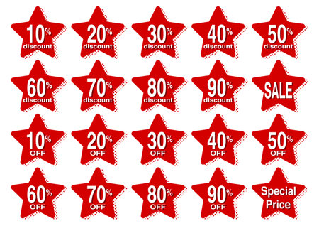 Sale or price reduction icon set. Vector illustration. Red star-shaped design. White background.のイラスト素材
