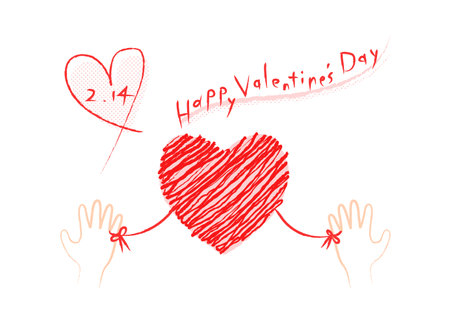 Vector illustration of Valentine's Day. Hands and red heart connected by the red thread of fate. Hand-drawn style illustration.のイラスト素材