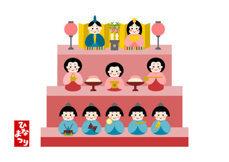 Dolls for Hinamatsuri. Vector illustration. Hinamatsuri is a Japanese Girlsâ Day or Dollâs Festival. Japanese language translation: Dollâs Festivalのイラスト素材