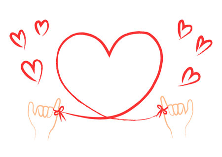Vector illustration of two hands connected to a heart-shaped red thread. Red string of fate or destiny soulmate. Frame illustration for Valentine's Day and wedding gifts.のイラスト素材