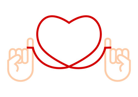 Vector illustration of two hands connected to a heart-shaped red thread. Red string of fate or destiny soulmate. Frame illustration for Valentine's Day and wedding gifts.のイラスト素材