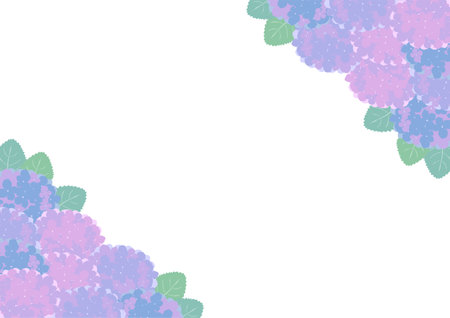 Purple, blue and pink hydrangea frame design. Vector illustration. Blank space is text space.のイラスト素材