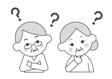 Vector illustration of elderly couple wondering. The two of them tilt their heads. Black and white. Question marks above their heads.のイラスト素材