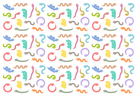 Seamless pattern of colorful snakes. Vector illustration. Silhouettes in different poses. For wallpaper, background, fabric, wrapping paper.のイラスト素材