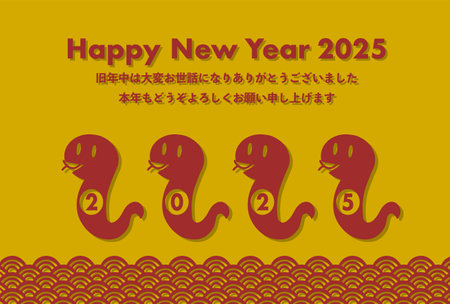 Vector illustration of 2025 New Year's card. Red traditional Japanese pattern and snakes. Japanese language translation: Last year was very indebted. I look forward to seeing you again this year.のイラスト素材