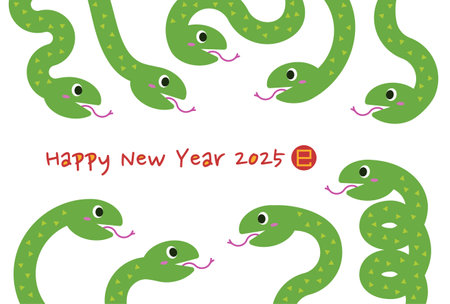 Vector illustration of 2025 New Year's card. Cute green snakes frame design. Year of the Snake. Chinese characters translation is Snake.のイラスト素材