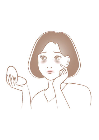 A woman suffering from dark circles under her eyes. Vector illustration. Simple hand-drawn style. White background.のイラスト素材