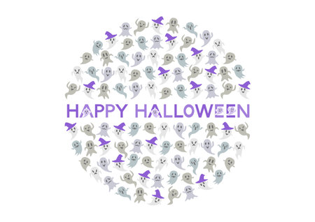 Halloween ghost pattern circular icon. Vector illustration. Happy Halloween decorative lettering in the middle. White background.のイラスト素材