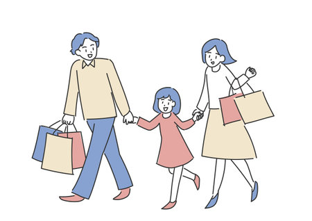 Vector illustration of a family shopping. Mom and dad holding shopping bags. Daughter holding hands. Simple hand drawn illustration.のイラスト素材
