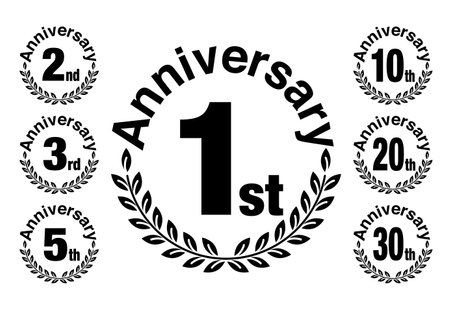 Vector illustration of anniversary icon. Laurel leaf ornament design. Black icon set. White background.のイラスト素材