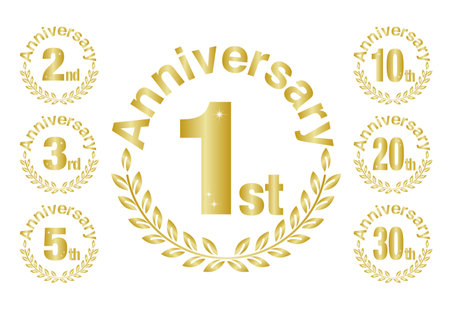 Vector illustration of anniversary icon. Laurel leaf ornament design. Gold icon set. White background.のイラスト素材