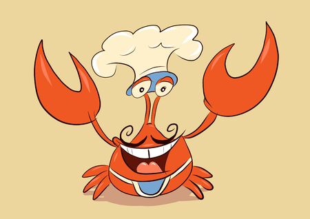 chef crab wearing mustache, toque and cooking apron welcome you with smileの写真素材