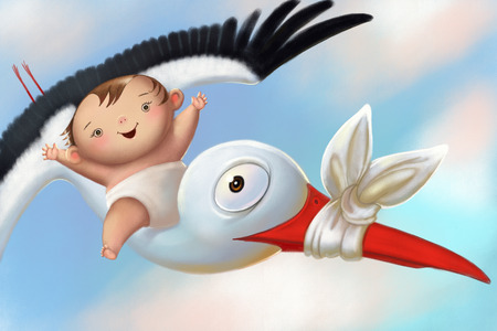 illustration with baby riding  sad stork. baby and stork are flyingの写真素材