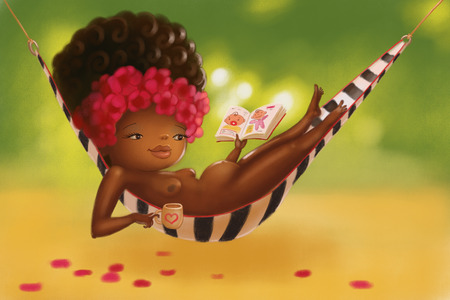 Illustration of Beautiful  pregnant woman reading book on hammock with cup outdoorsの写真素材