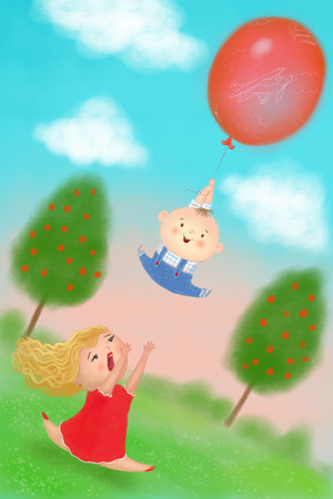 young blonde woman running to catch flying kid with balloonの写真素材