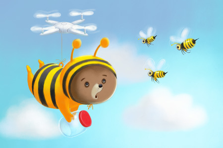 Cute bear flying with drone in front of bees. Cute bear wearing costume of beeの写真素材