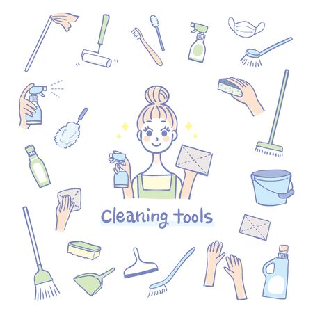 Illustration of housewife with cleaning toolsのイラスト素材