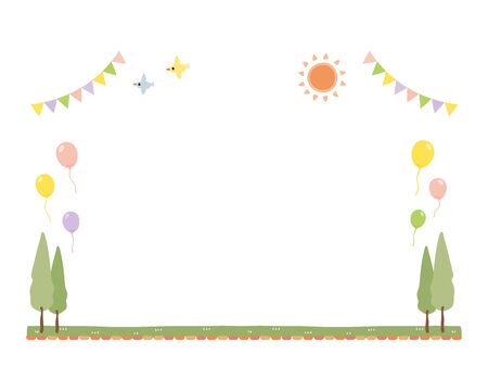 Outdoor illustration. It is a fun atmosphere with balloons and flag decorations.のイラスト素材