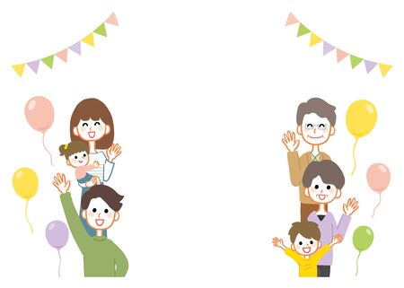 Illustration of a 3 generation family. A fun image with balloons and flag decorations.のイラスト素材