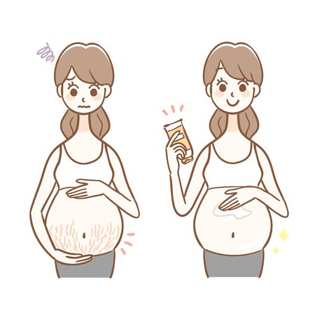 Women with pregnancy line and women applying cream to prevent pregnancy line.のイラスト素材