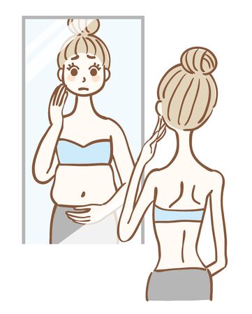 Illustration of a too thin woman thinking that she is too fatのイラスト素材