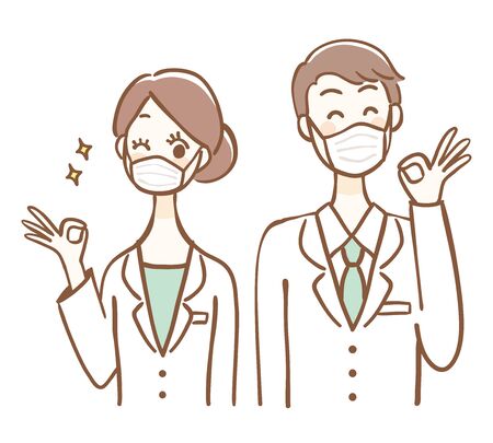 Illustration of men and women wearing surgical masks giving an OK sign.のイラスト素材
