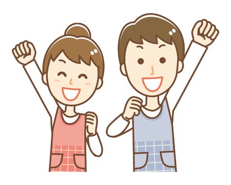 Men and women wearing aprons are lifting their fistsのイラスト素材