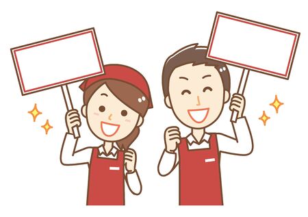 Male and female clerk wearing an apron.They have a white sign.のイラスト素材
