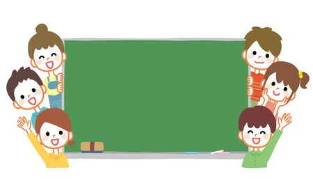 Illustration of kids and blackboard. The blackboard is a text space.のイラスト素材