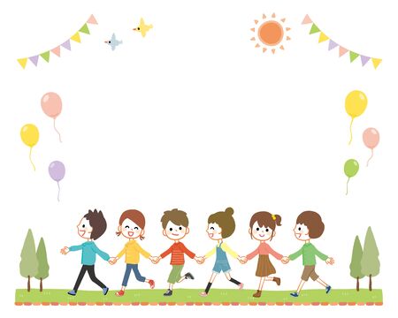 Illustration of kids walking hand in handのイラスト素材