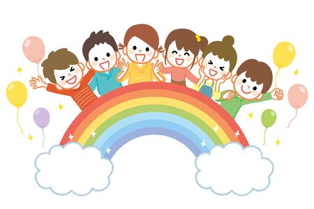Illustration of energetic kids with a rainbowのイラスト素材