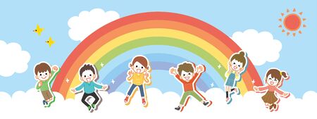 Children jumping cheerfully on the cloudsのイラスト素材