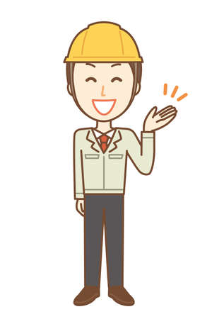 Men in working clothes wearing a helmet. He is explaining brightlyのイラスト素材