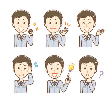 Illustration of a man wearing work clothes. It is the material which gathered the variation of the expression.のイラスト素材