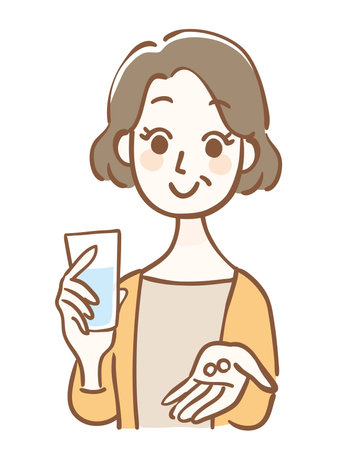 Middle-aged woman with pills and waterのイラスト素材