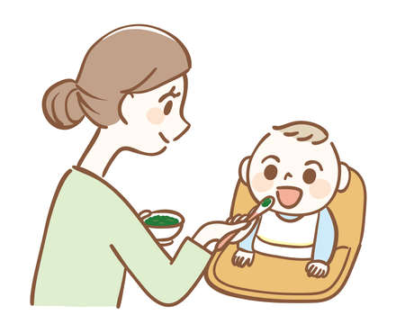 Illustration of a mother feeding baby foodのイラスト素材