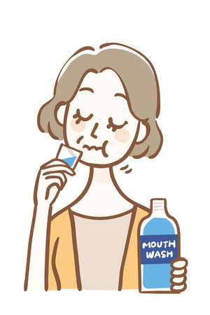 Middle-aged woman doing bad breath care with mouthwashのイラスト素材