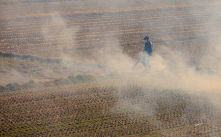 Hyogo, Japan - February 5, 2023: Smoke rises around masked man during controlled burn on dry fields at farmのeditorial素材