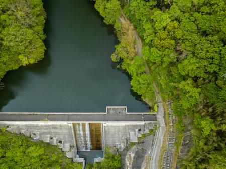 Small dam holds back water in storage reservoir surrounded by treesの写真素材