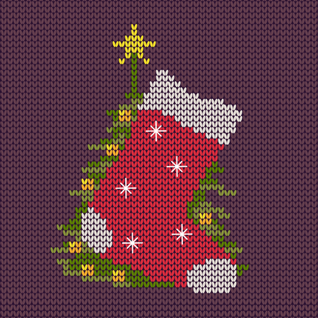 New Year knitted sock with Christmas tree illustration.のイラスト素材